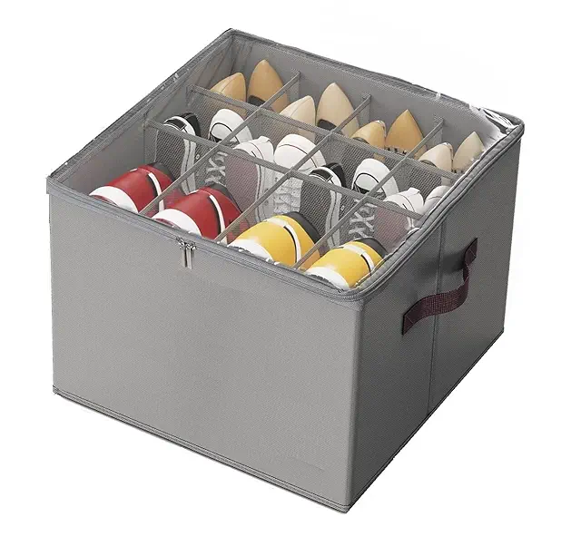 Foldable Shoe Organizer Box For Wardrobe & Closet, With Zipper Handle, For 12 Pair (16x12x11", Grey)