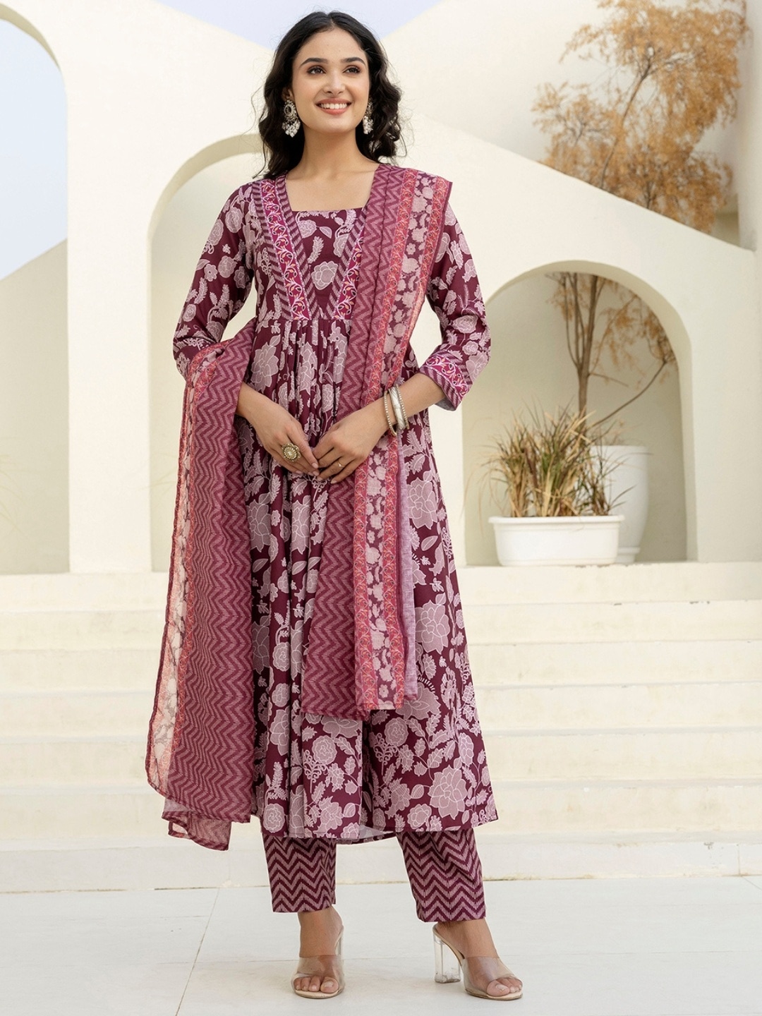 Women Maroon Rayon Kurta Set With Dupatta Embroidery Work