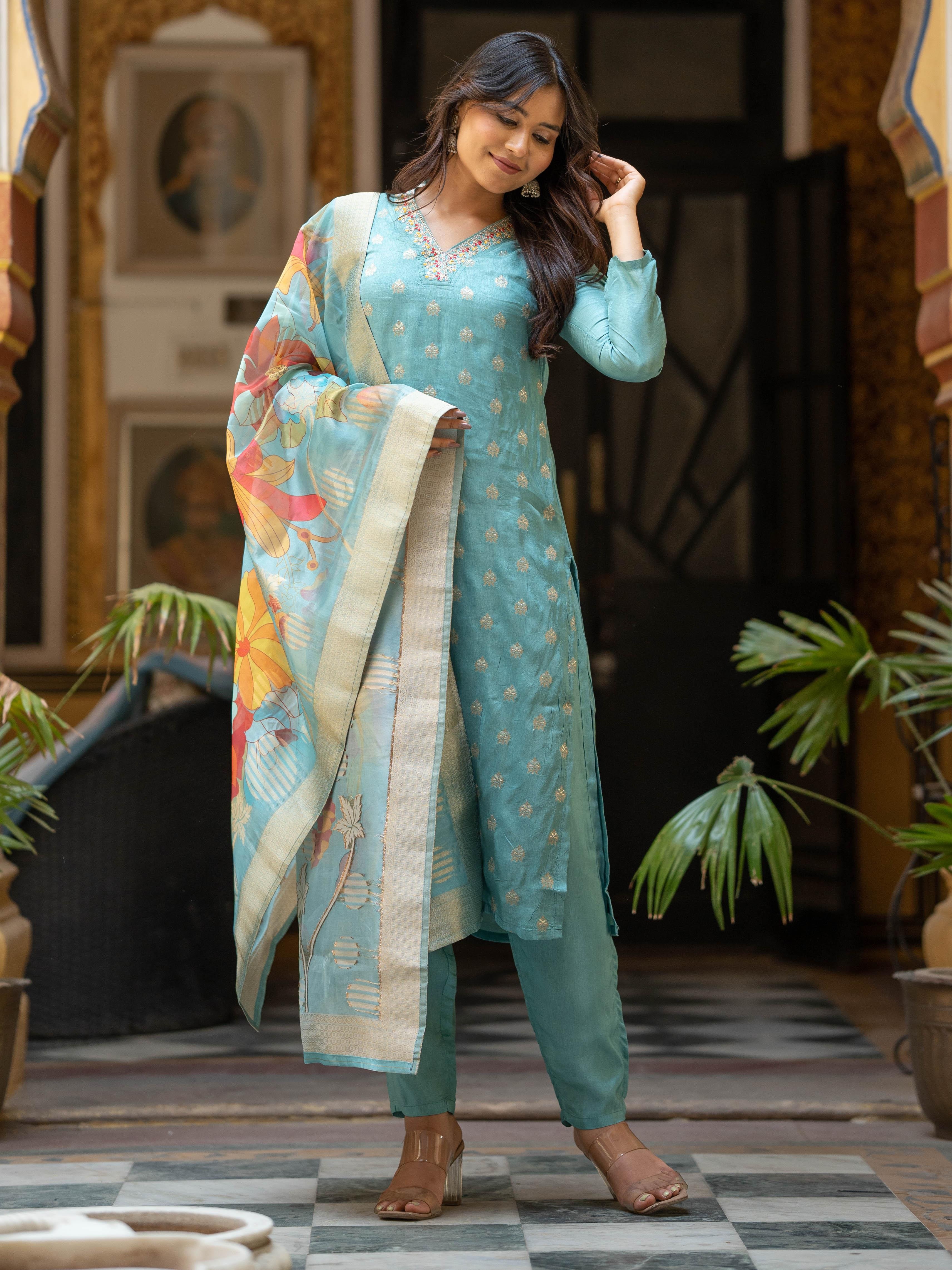 Pretty Beige Viscose Jacquard Pant Style Salwar Kurta Set main image 1