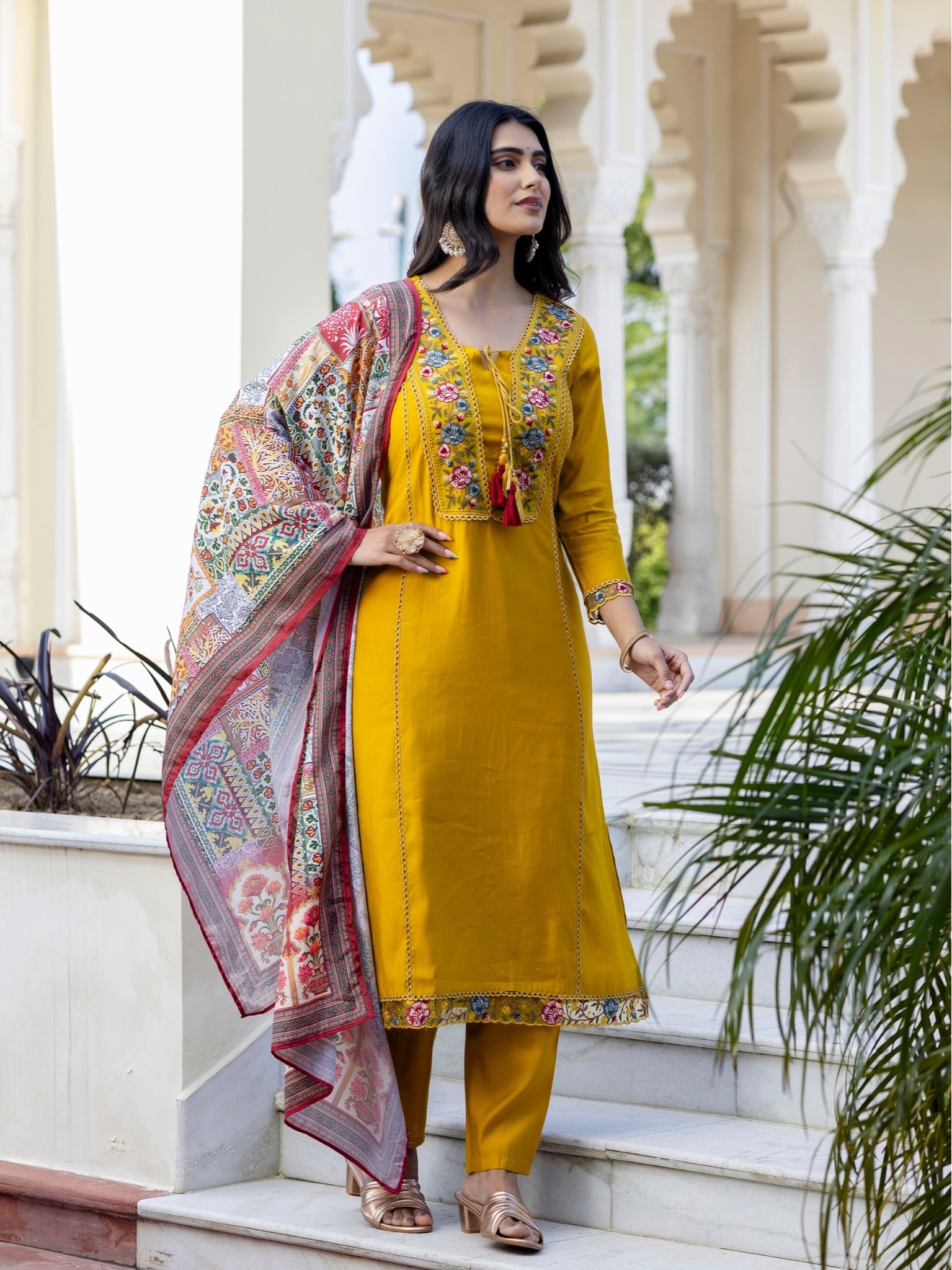 Women's Mustard Viscose Chanderi Embroidered Straight Kurta Pant With Dupatta