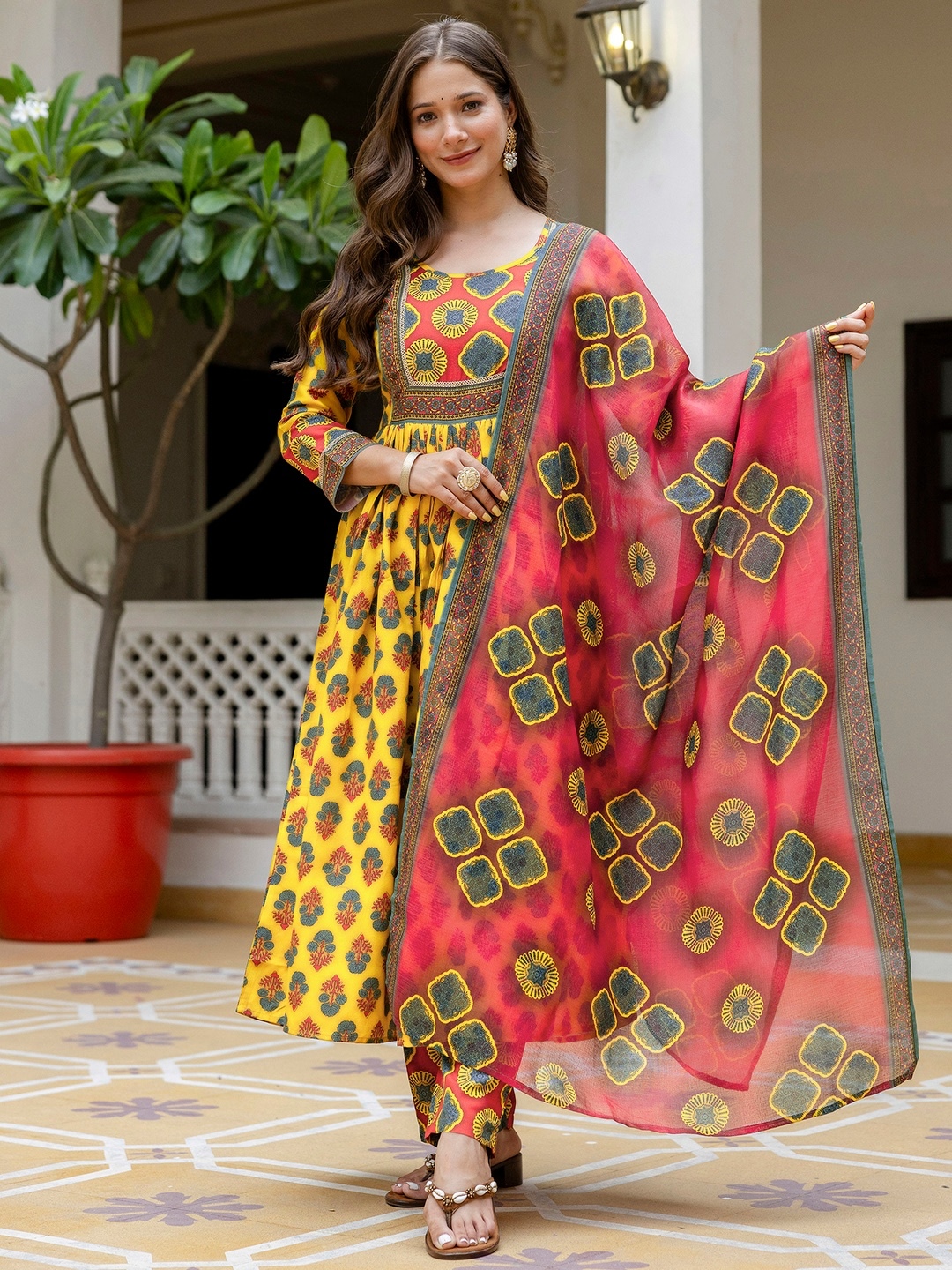 Yellow Floral Printed Rayon Kurta With Pant And Dupatta With Thread & Sequins Work