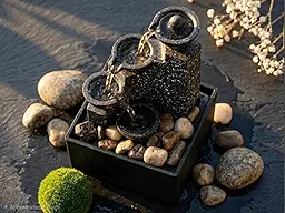 Inditradition Tabletop Bowl Shape Water Fountain with LED & Cascading Waterfall | Including 12 Natural Decorative Stones | 7 Inches, Black
