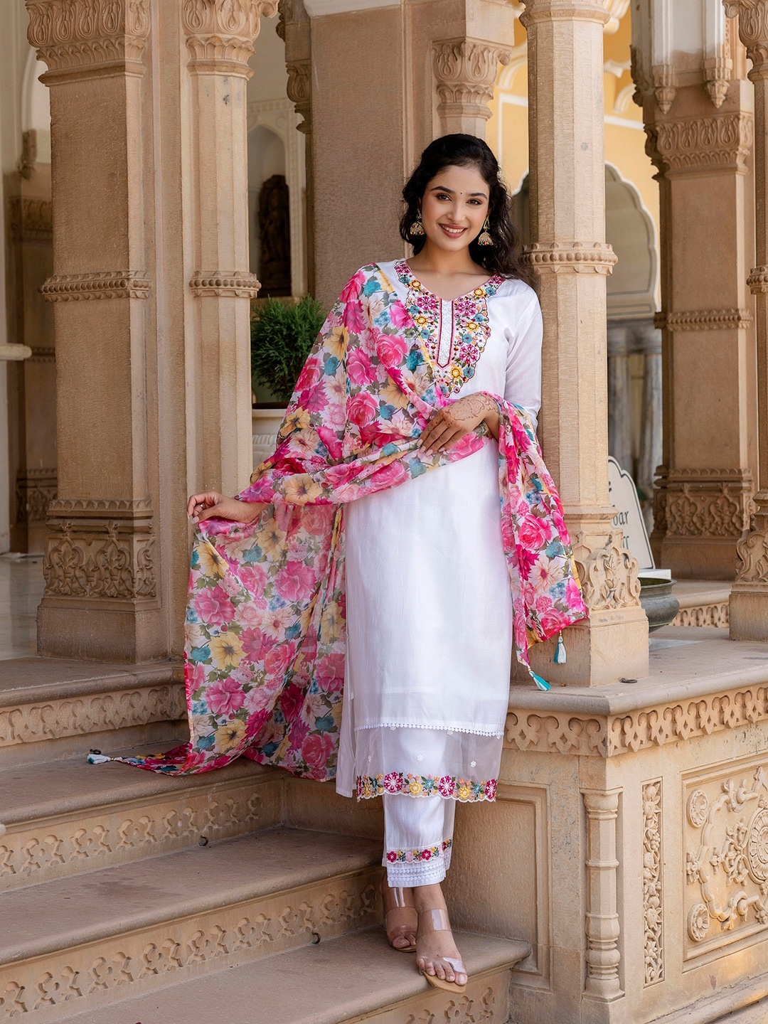 Soft Chanderi 3 pc Kurta set- White