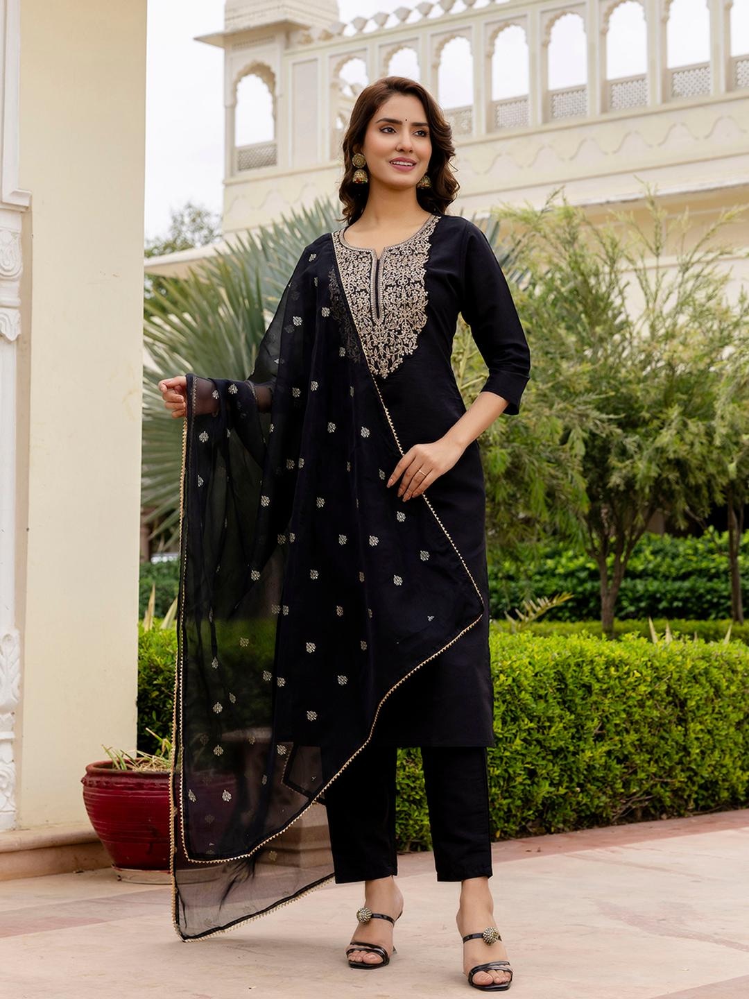 Black Paisley Yarn Dyed Winter Straight Kurta with Pants and Dupatta Set main image 0