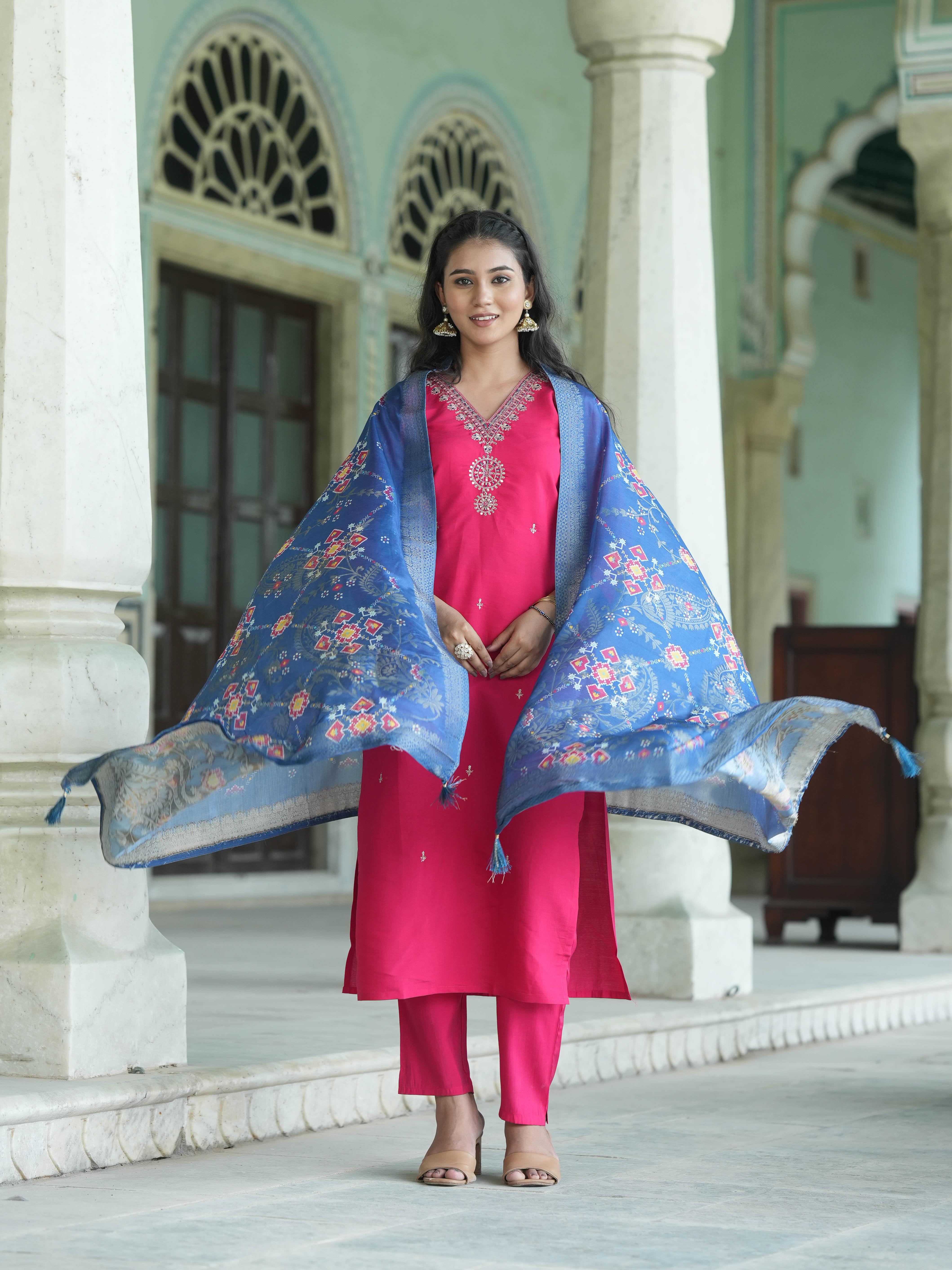 Trending Aqua Blue Embroidered Flared Vichitra Silk Kurta Pant Set With Dupatta – Festive Ethnic Wear for Women main image 1