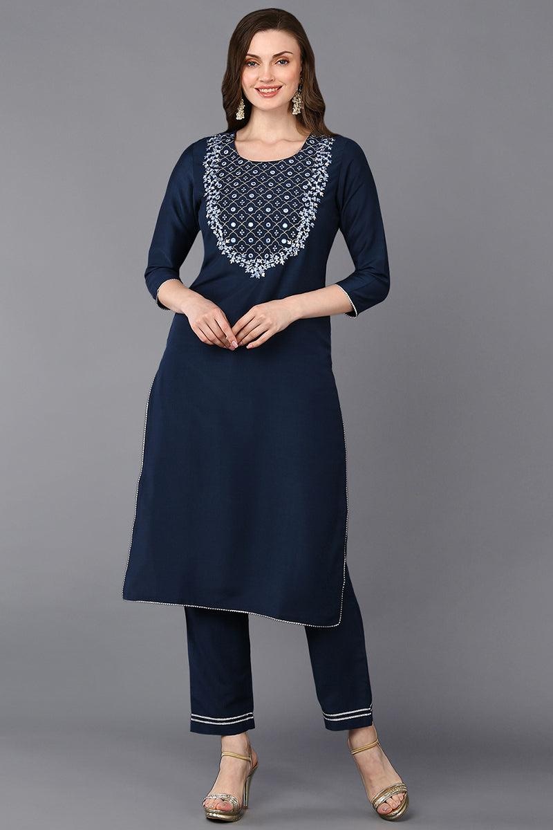 Women Navy Blue Silk-Blend Ethnic Motifs Printed Kurta with Palazzo