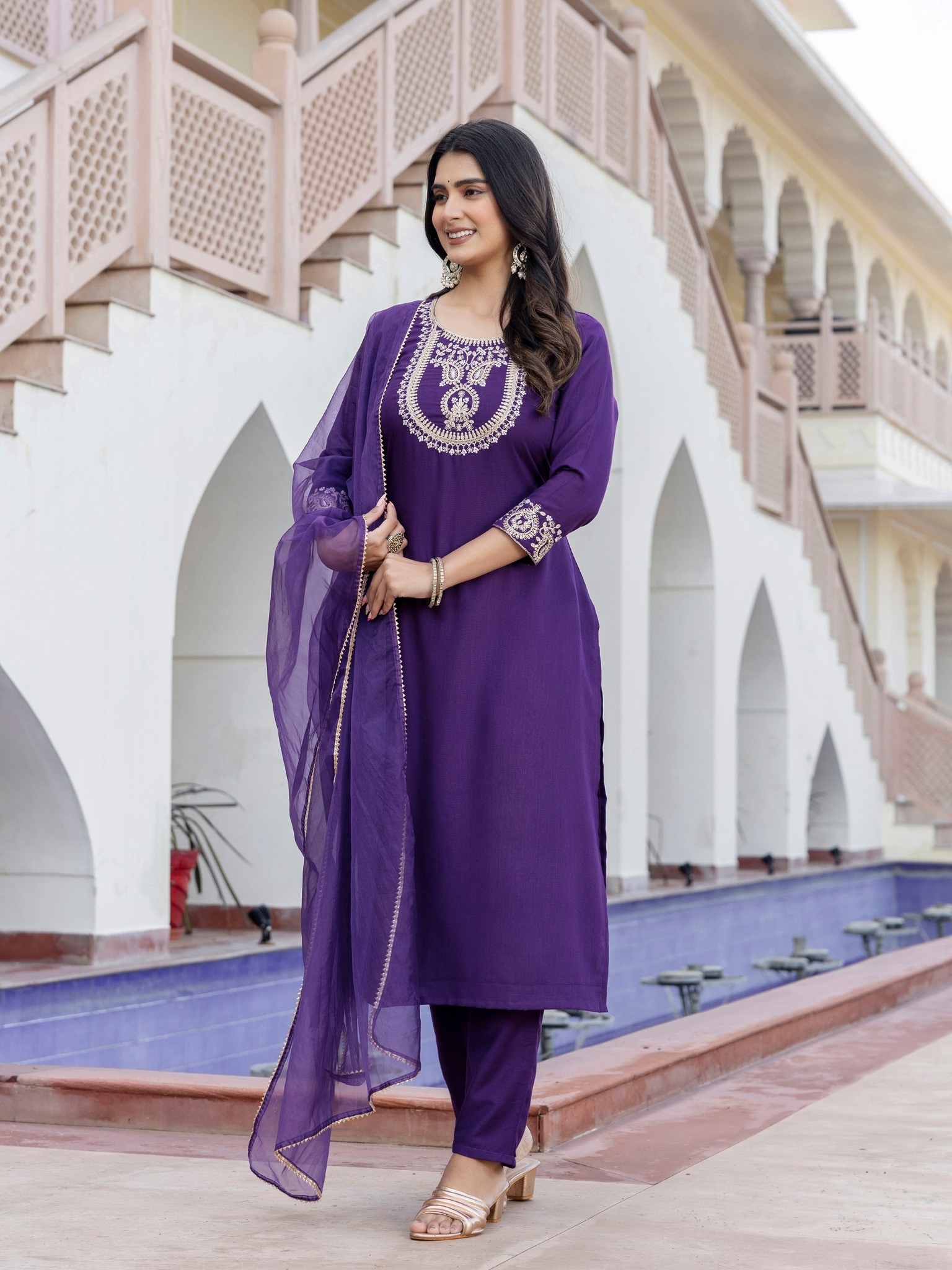 Coffee Rayon Slub Elegant Kurta Pant Set With Embroidery Work main image 1