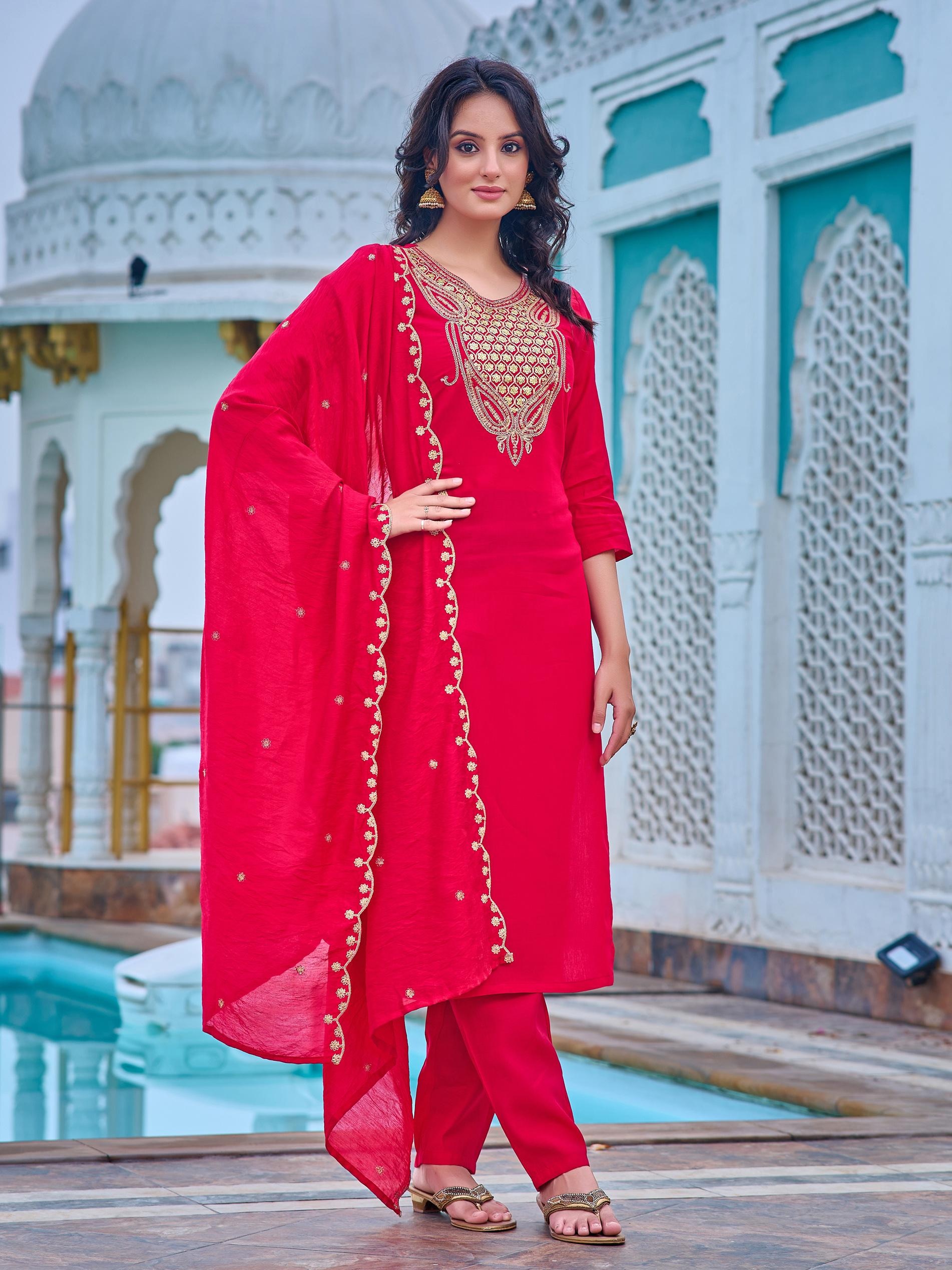 Women Pink Chanderi Embroidered Kurta With pant & Embroidered Dupatta