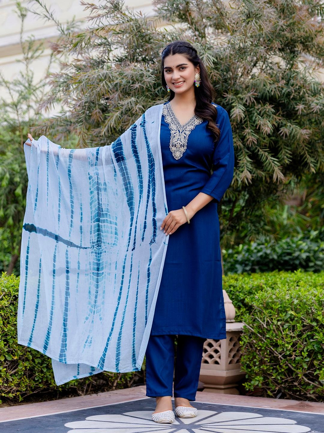 Blue Embroidered Pure Cotton A-Line Kurta Sets With Dupatta