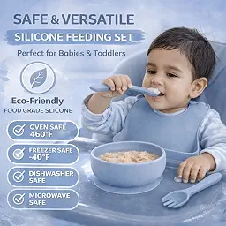 SPY KIDS® 12Pcs Silicone Baby Feeding Set | BPA-Free, Microwave Safe | Suction Plate, Suction Bowl, 2in1 Cup, Spoon, Fork, Small Spoon & Fork, Silicone Bib, Cloth Bib, Finger Brush with Case