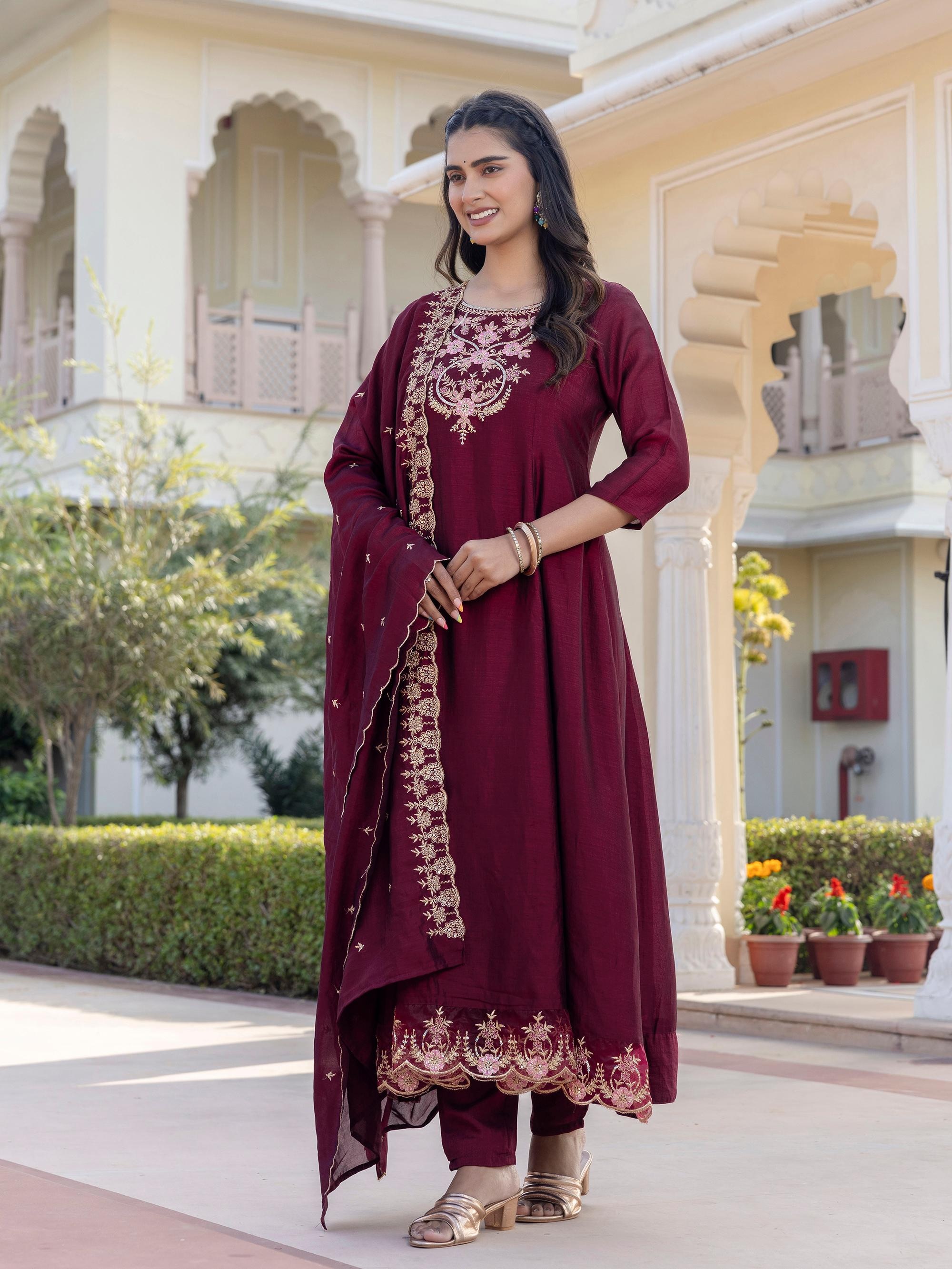 Premium Vichitra Silk Embroidered Suit Set with Pant & Dupatta main image 0