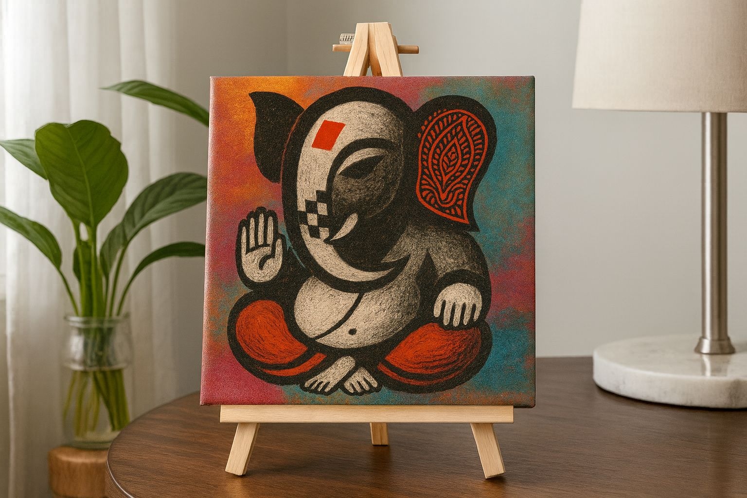 RangVinayak – Colourful Ganesha 8x8 Canvas Table Art on Easel