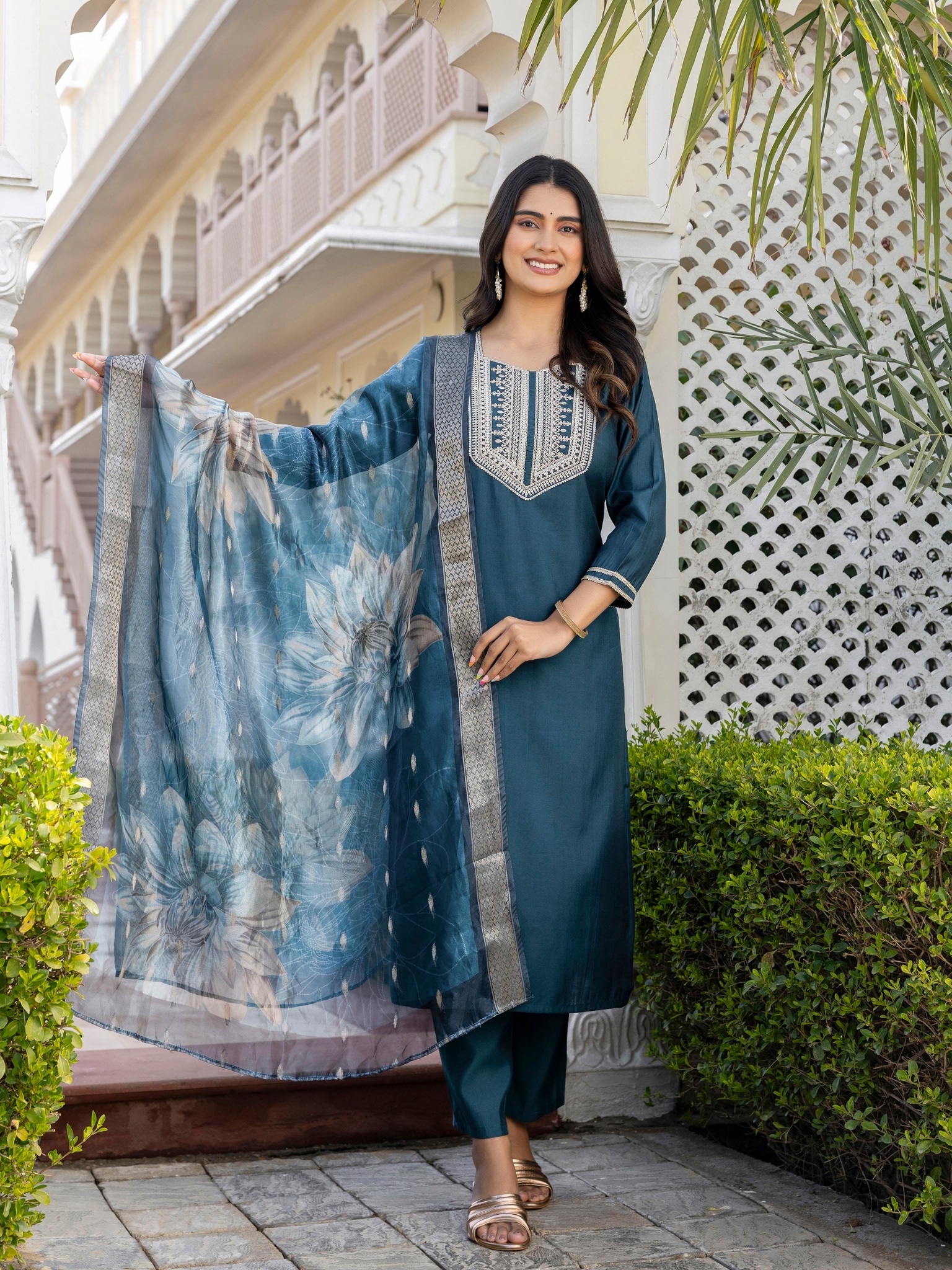 Teal Blue Roman Silk 3-Piece Kurta Set with Embroidered V-Neck and Dupatta