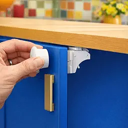 SPY KIDS® Magnetic Cabinet Locks Baby Proofing | 4 Locks + 1 Magnetic Key | No Drill 3M Adhesive | Invisible Child Safety Locks for Drawers, Cupboards & Kitchen | Toddler & Pet Proof
