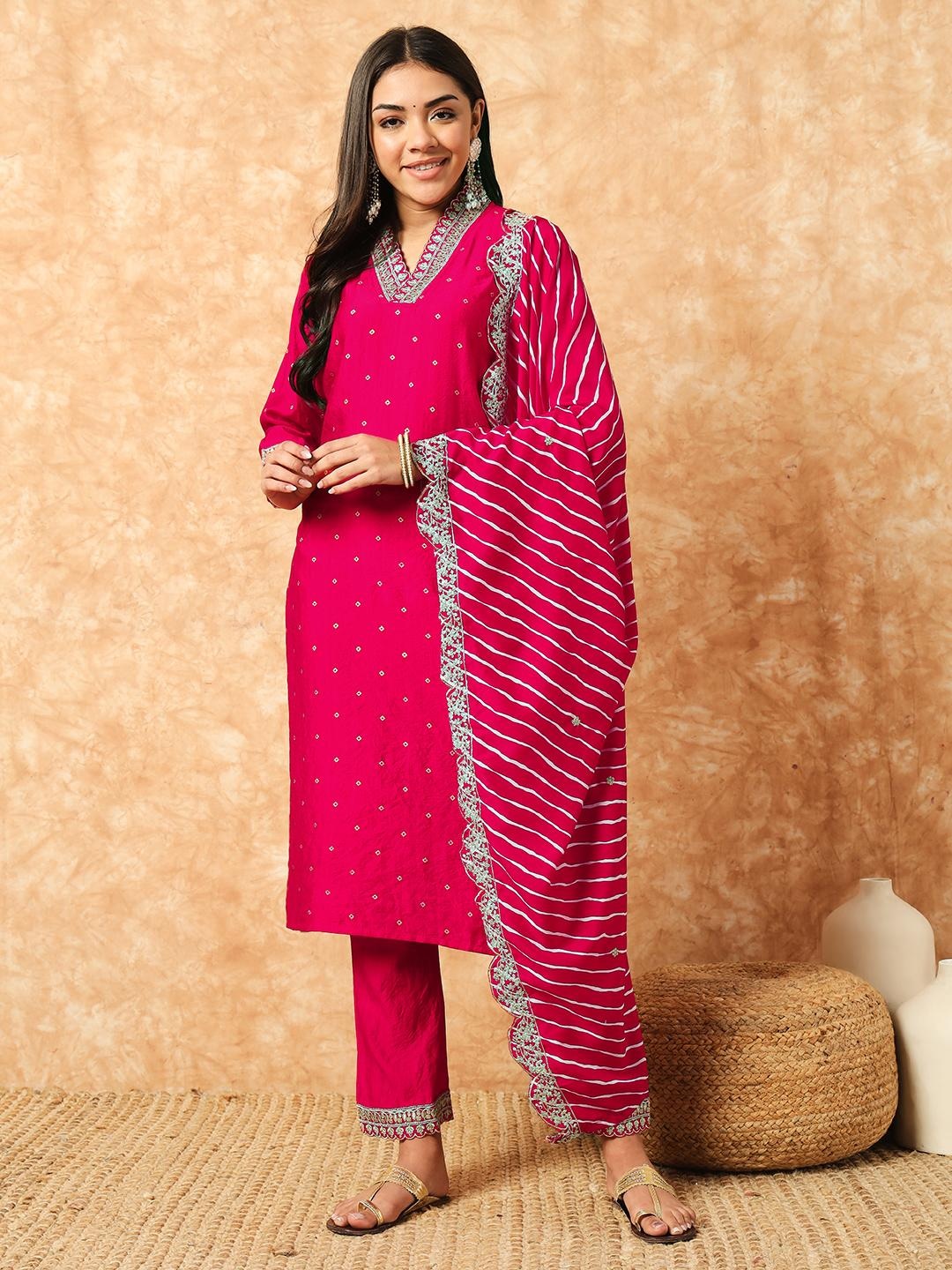 Women's Pink Viscose Embroidered Straight Kurta Pant With Dupatta