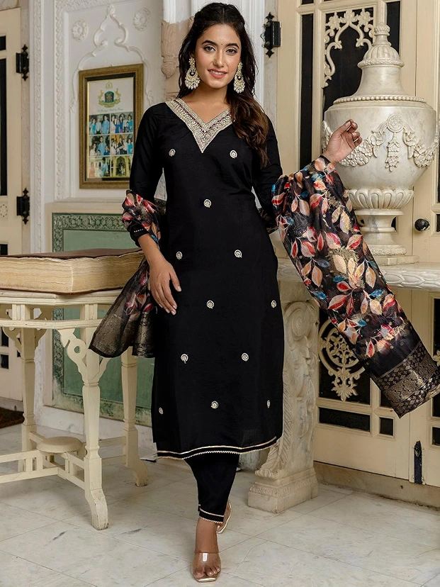 Womens Embroidered & Printed Black Rayon Kurta Pant Set