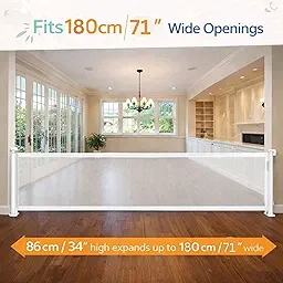 SPY KIDS® Retractable Baby Gate | Easy Drill | Extra Wide 180cm Mesh Safety Gate for Stairs, Doorways & Hallways | Babies & Pets | One-Hand Lock | Indoor & Outdoor | 86cm Height