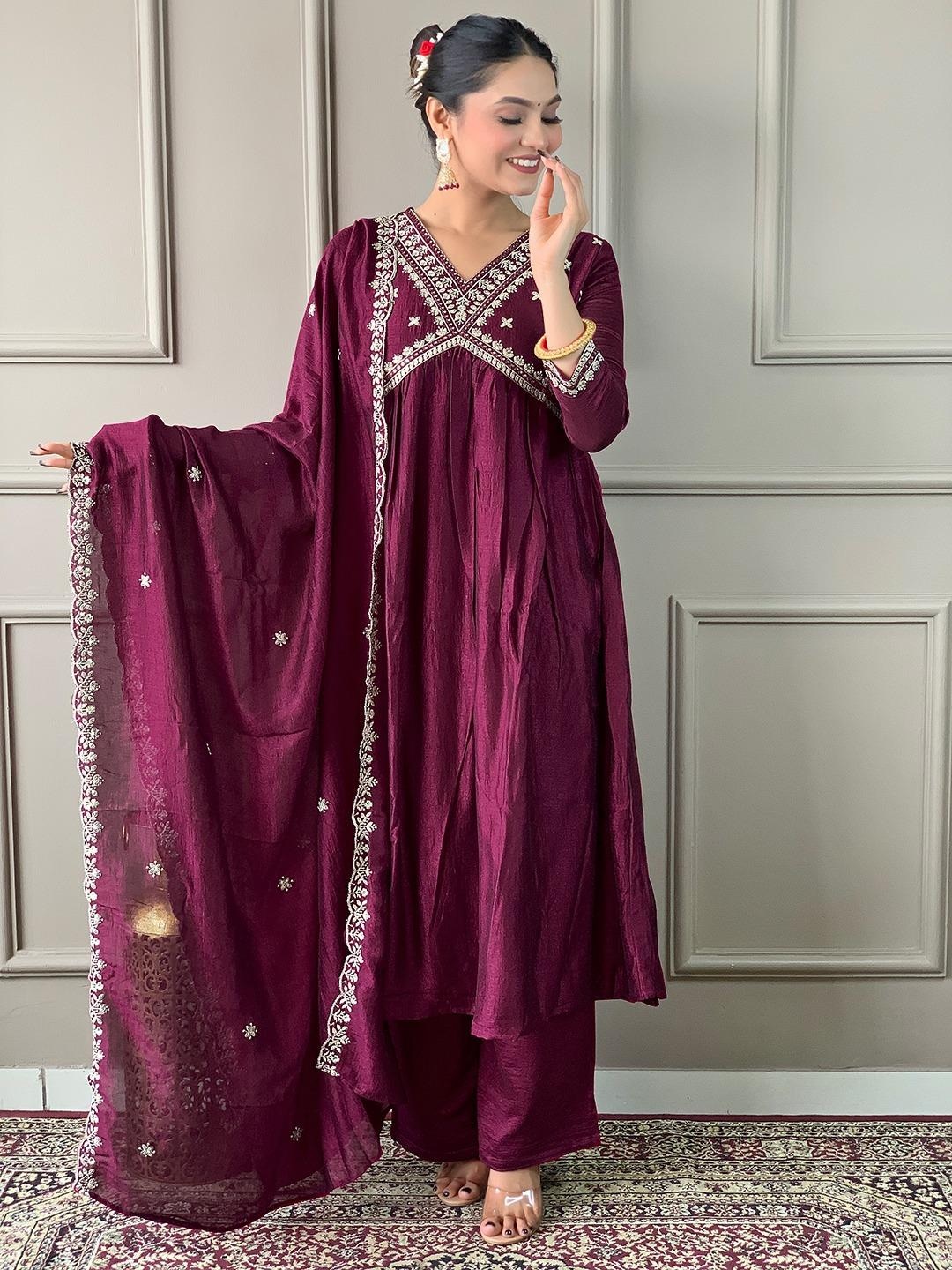 Wine Kurta Art Silk With Mirror Work Aligadhi Pant main image 1