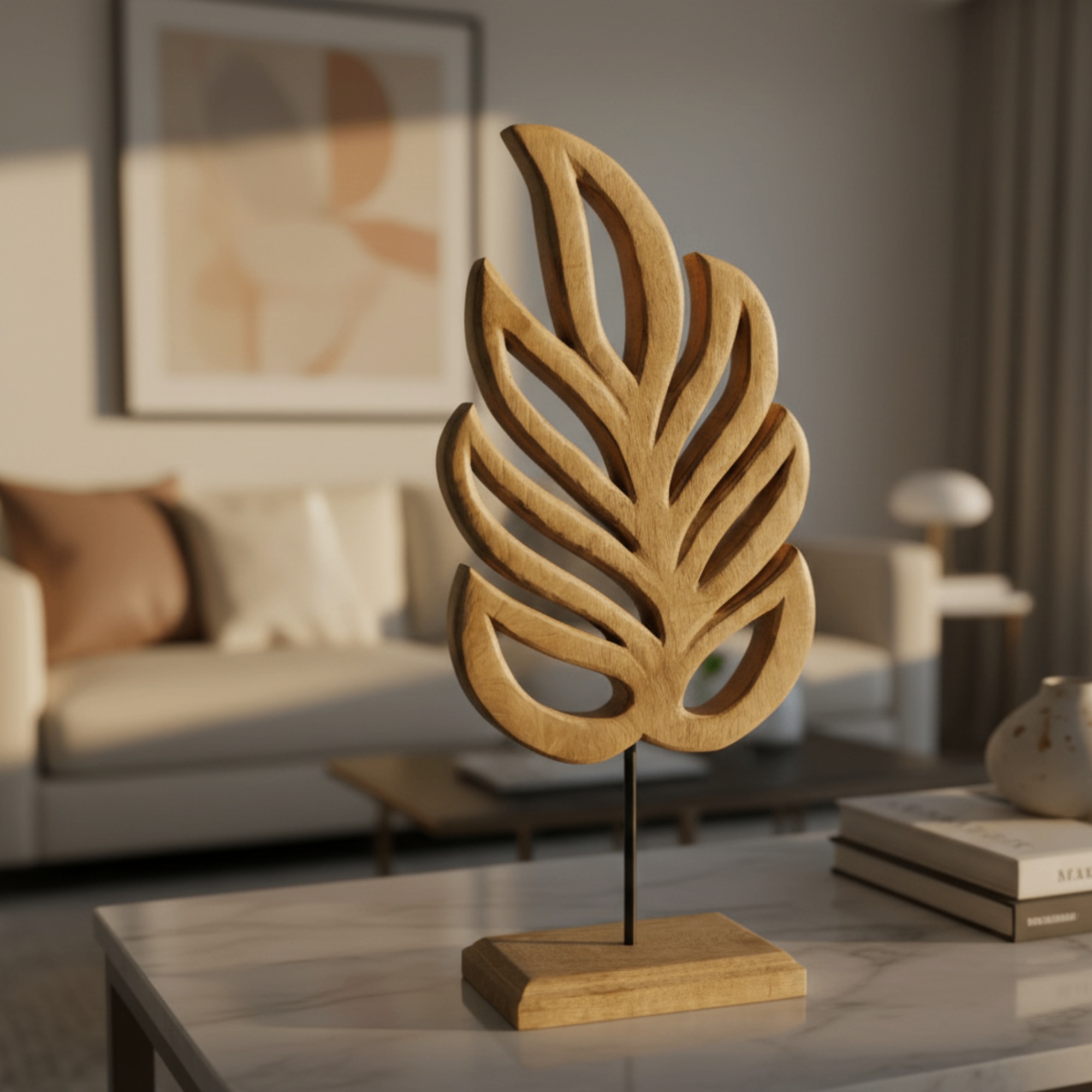 Handcrafted Wooden Leaf Sculpture | Modern Table Décor