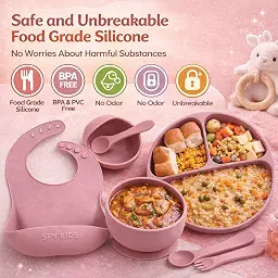 SPY KIDS® 12Pcs Silicone Baby Feeding Set | BPA-Free, Microwave Safe | Suction Plate, Suction Bowl, 2in1 Cup, Spoon, Fork, Small Spoon & Fork, Silicone Bib, Cloth Bib, Finger Brush with Case