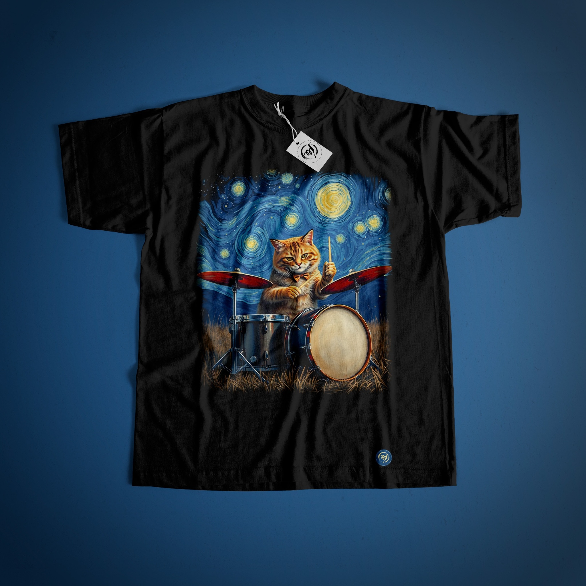 Drummer Cat T-Shirt Artistic Starry Night Cat Tee StayAnokh