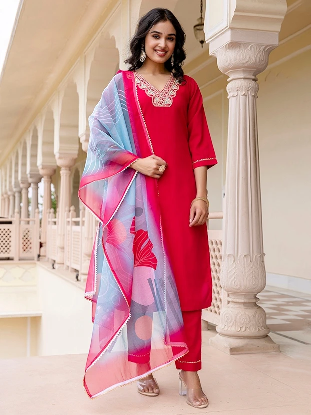 Red Rayon Slub Embroidered Yoke Kurta Set