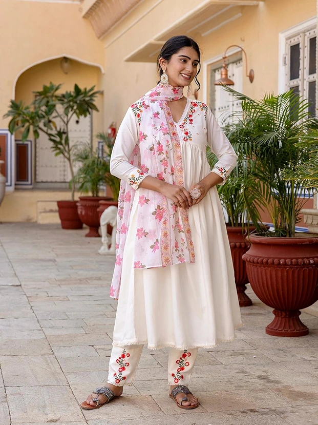 Viscose Rayon Gota Work Kurta Set with Palazzo & Dupatta (3-Piece Festive Set)