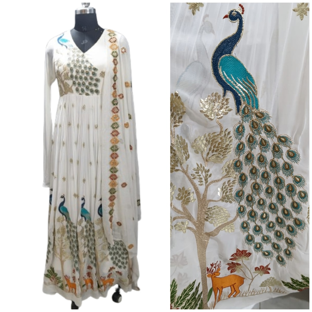 white christmas dresses Peacock Embroidered Kota Unstitched Dress Material main image 1