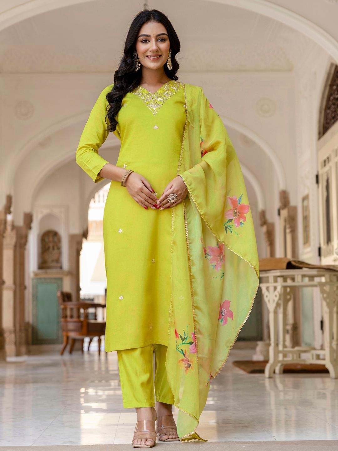 Buy Lemon Rayon Slub Embroidered Straight Kurta With Rayon Slub Pant ...