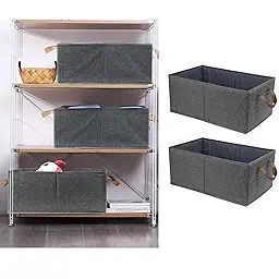 Stackable Wardrobe Organizer Open Storage Boxes With Foldable Steel Frame & Side Handle (Pack of 2) - 18x11x7 Inches, Grey
