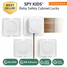 SPY KIDS® Child Safety Cabinet Locks 4 Pack | Baby Proofing Flat Latch | No Drill Strong 3M Adhesive | Childproof Drawer, Fridge, Cupboard, Wardrobe & Closet | Toddler Proof | Easy Install