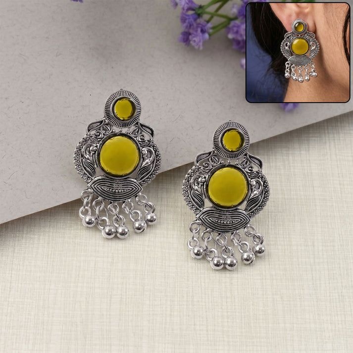 Mustard Yellow Stone Oxidized Silver Earrings