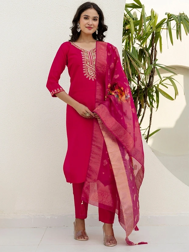 Women's Pink Viscose Chanderi Embroidery Straight Kurta Pant With Dupatta