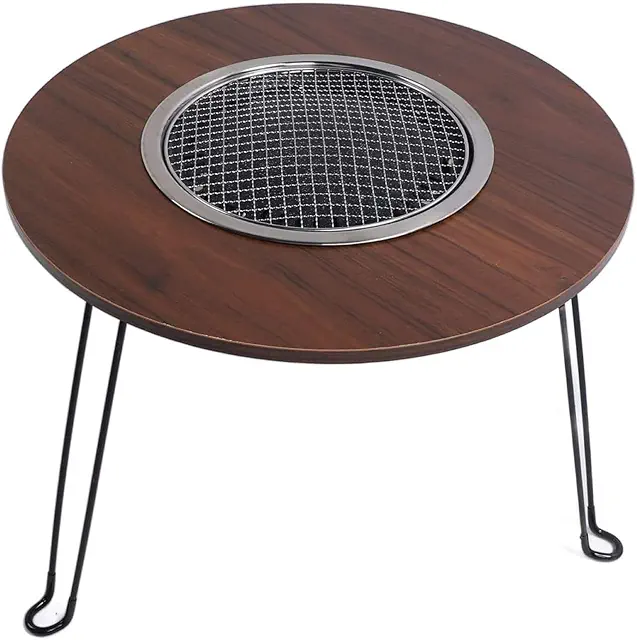 Portable Freestanding Charcoal BBQ Grill Table & Fire Pit for Indoor & Outdoor Picnic, with Round Self Service Wooden Space & 6 Tools (65 cm, Round)