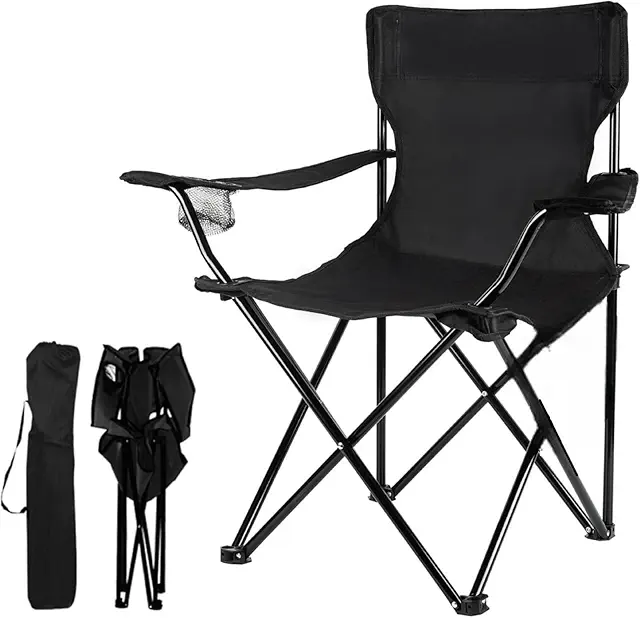 Folding Garden Chair with Arm Rest & Glass Holder | Ideal for Camping, Picnic, Travelling, Lawn, Balcony, with Carry Bag (Metal, 17x17x31 Inches, Black))
