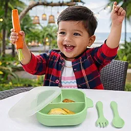 SPY KIDS® Silicone Baby Feeding Set | Suction Bowl with Lid + 3-Section Divided Plate + Soft Spoon & Fork | Baby-Led Weaning Toddler Tableware | BPA-Free, Microwave & Dishwasher Safe | 6–36 Months