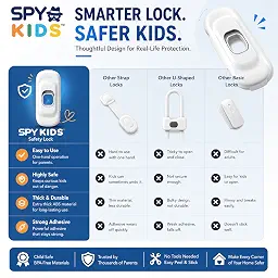 SPY KIDS® 4 Pack Child Safety Locks for Fridge, Cabinet & Drawer | Baby Proof Refrigerator Lock with Strong 3M Adhesive | No Drill Toddler Proof Lock for Sliding Windows, Oven, Cupboard | One-Hand Adu