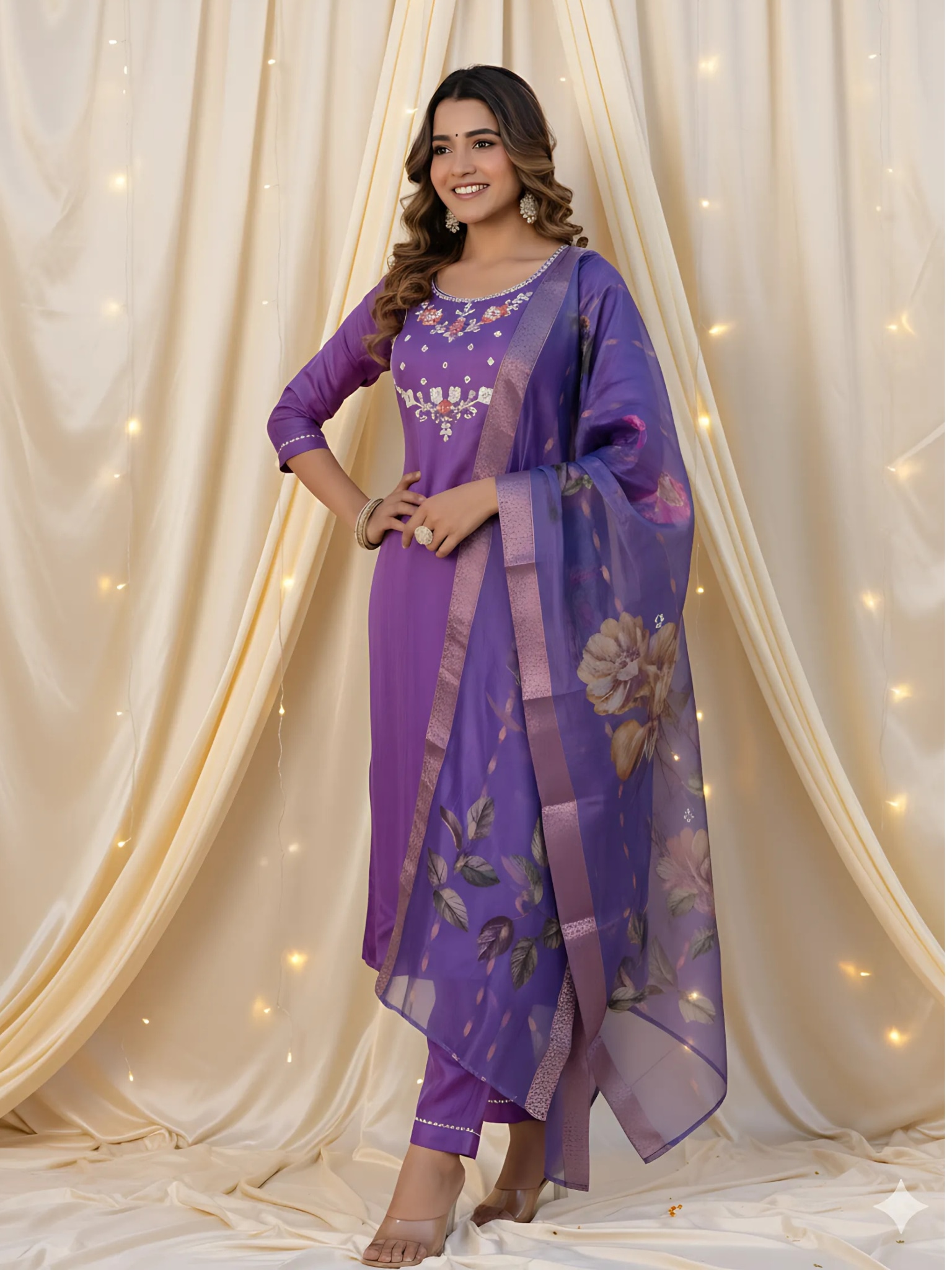 Women's Viscose Gadhwal Embroidared Beads Straight Kurta Pant With Dupatta
