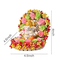 Ganesha Idol with Flower Plate for Home Décor| Car Dashboard Showpiece| Ganpati décor Decorative Gi