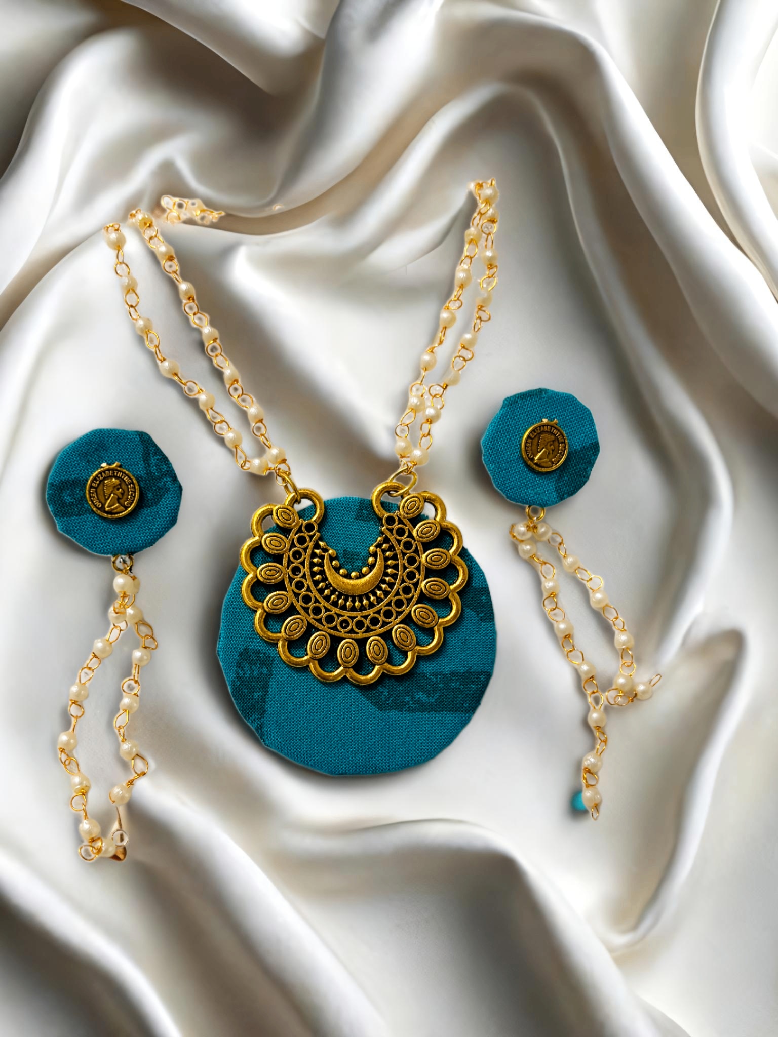 Teal Fabric Necklace Set with Gold Motif  Tulaagems