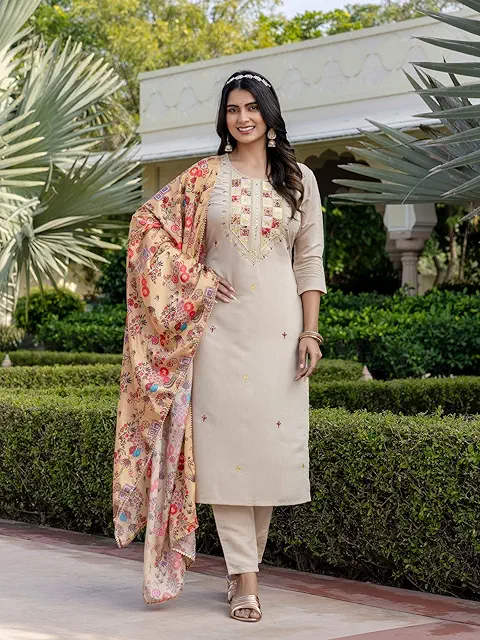Women Chiku Rayon Kurta Set With Dupatta Embroidery Work main image 1