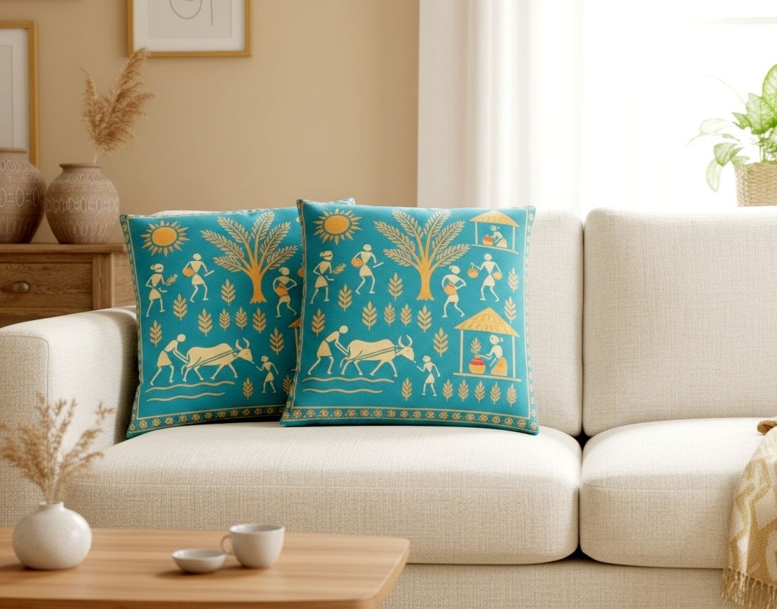 Ambar – Warli Cushion Covers (Set of 2, 16x16 in)