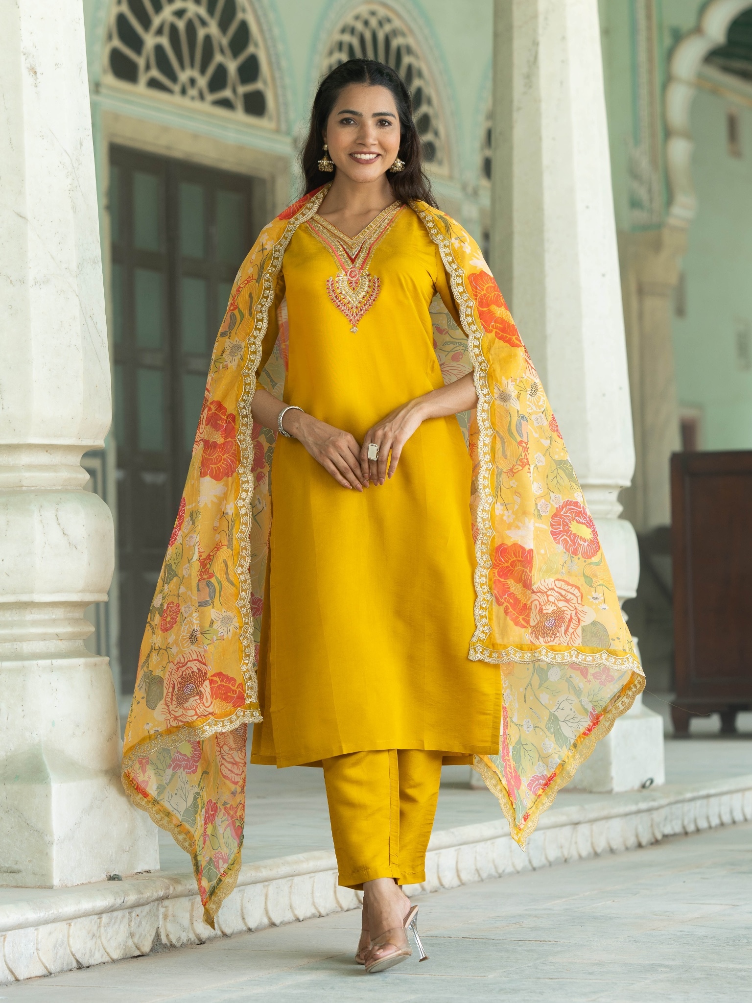Women's Viscose Chanderi Embroidared Straight Kurta Pant With Dupatta