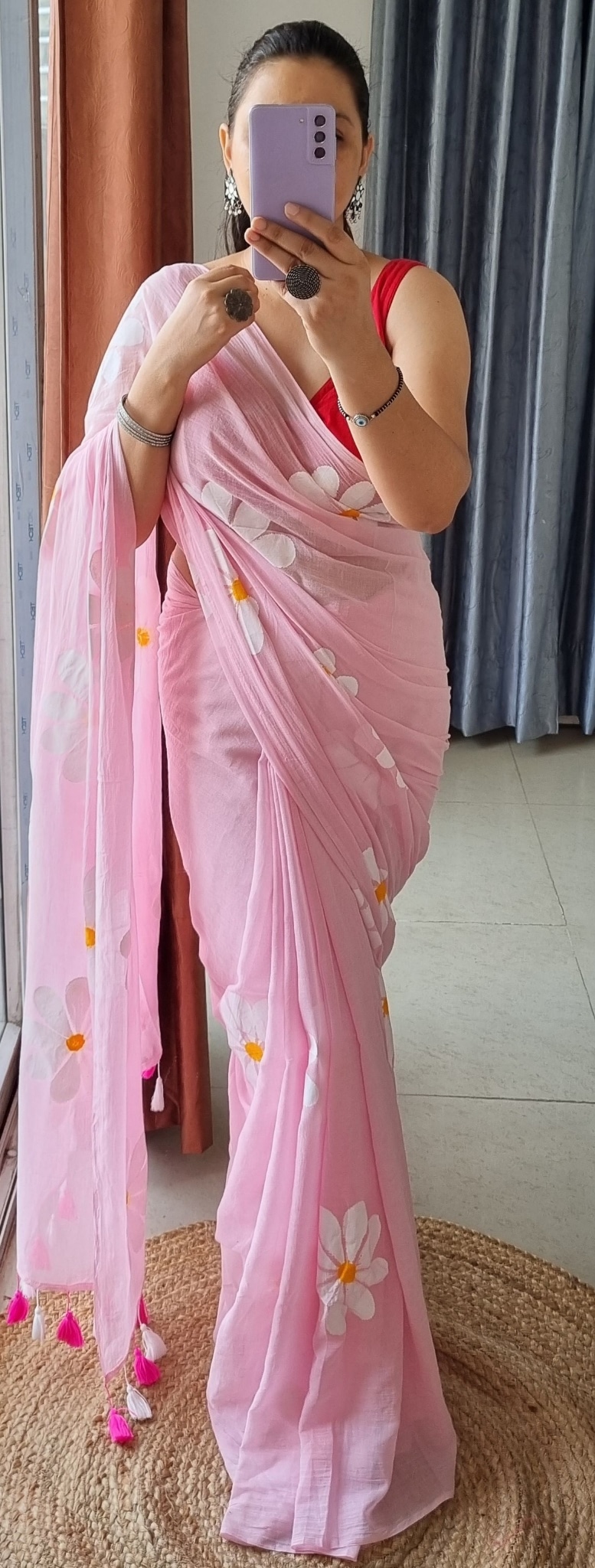 Buy Baby Pink Daisy Flower Handpainted Pure Mul Cotton Saree ...