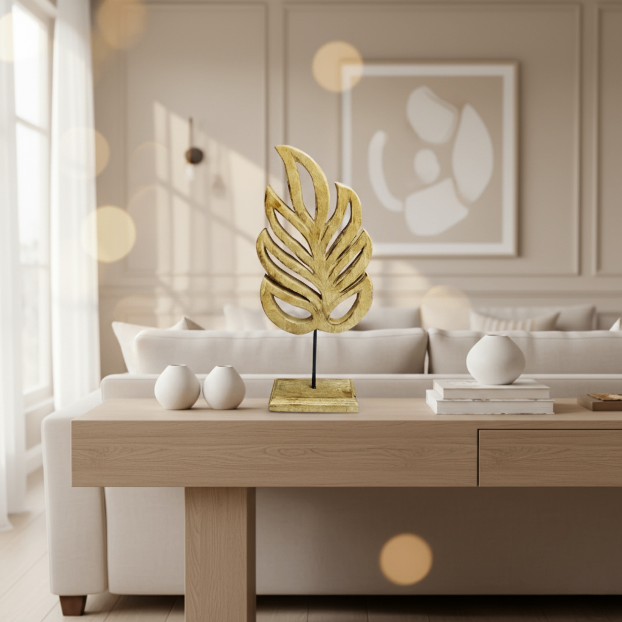 Handcrafted Wooden Leaf Sculpture | Modern Table Décor