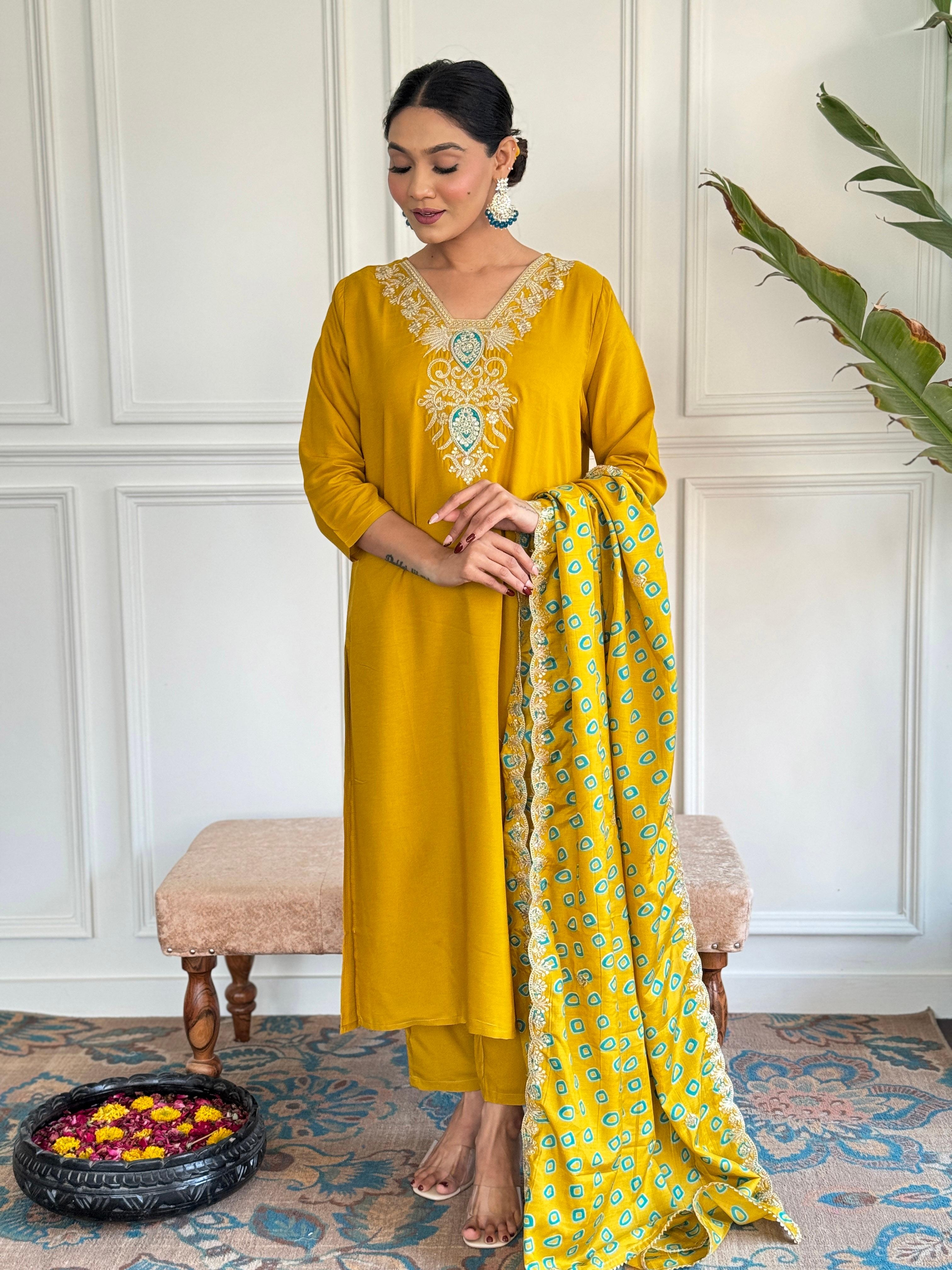 Yellow Metallic Embroidery Viscose Blend Straight Kurta and Palazzo Set