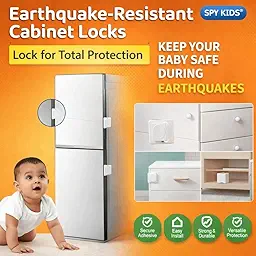 SPY KIDS® Child Safety Cabinet Locks 4 Pack | Baby Proofing Flat Latch | No Drill Strong 3M Adhesive | Childproof Drawer, Fridge, Cupboard, Wardrobe & Closet | Toddler Proof | Easy Install