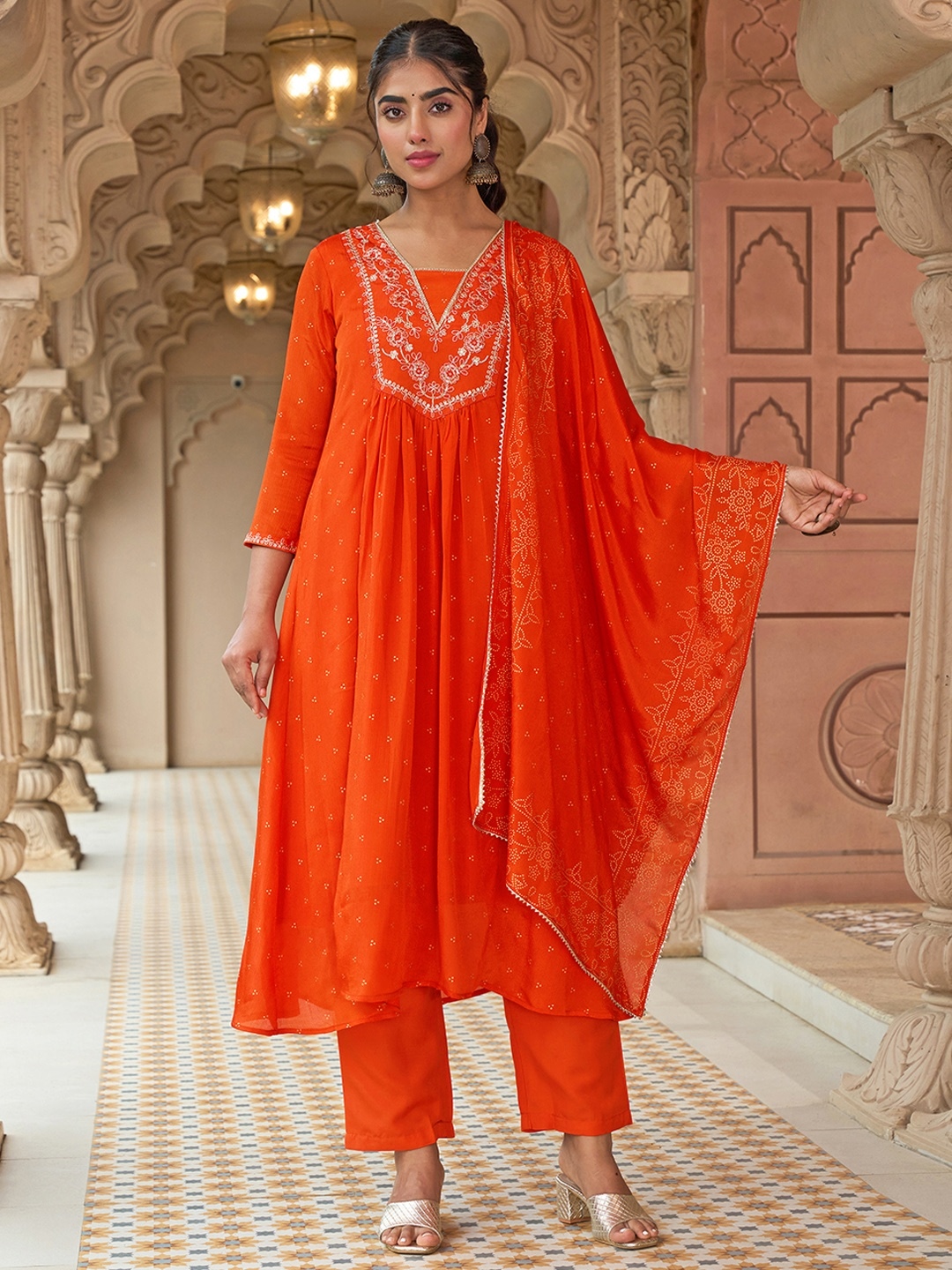 Embroidered Chinon Suit With Pant & Dupatta