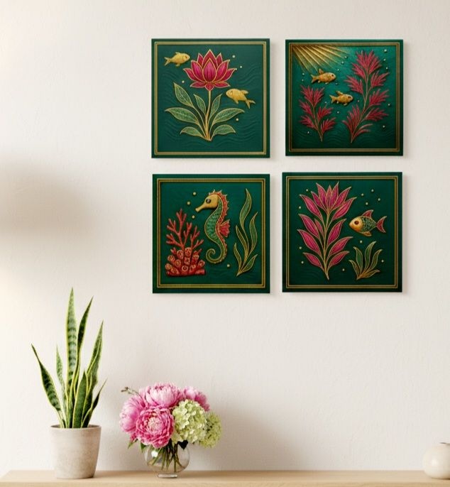 Ocean Harmony – Set of 4 Glossy Metal Wall Tiles