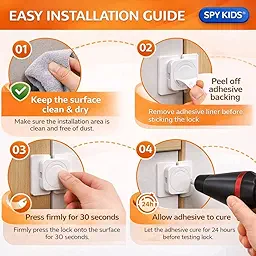 SPY KIDS® Child Safety Cabinet Locks 4 Pack | Baby Proofing Flat Latch | No Drill Strong 3M Adhesive | Childproof Drawer, Fridge, Cupboard, Wardrobe & Closet | Toddler Proof | Easy Install